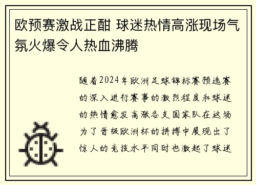 欧预赛激战正酣 球迷热情高涨现场气氛火爆令人热血沸腾