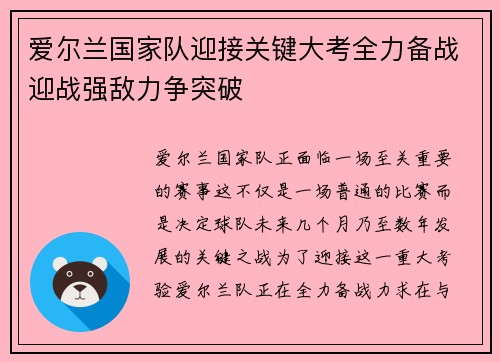 爱尔兰国家队迎接关键大考全力备战迎战强敌力争突破