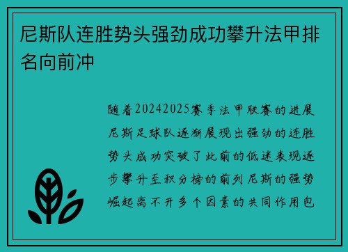尼斯队连胜势头强劲成功攀升法甲排名向前冲