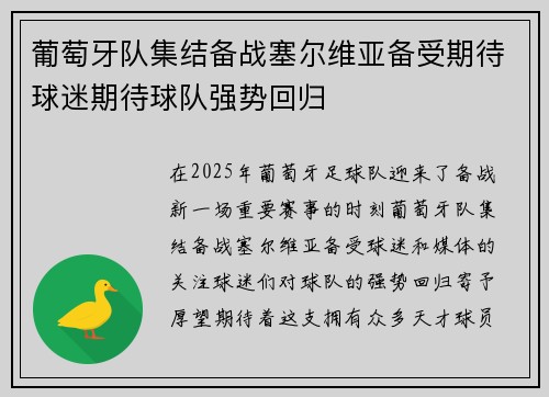 葡萄牙队集结备战塞尔维亚备受期待球迷期待球队强势回归